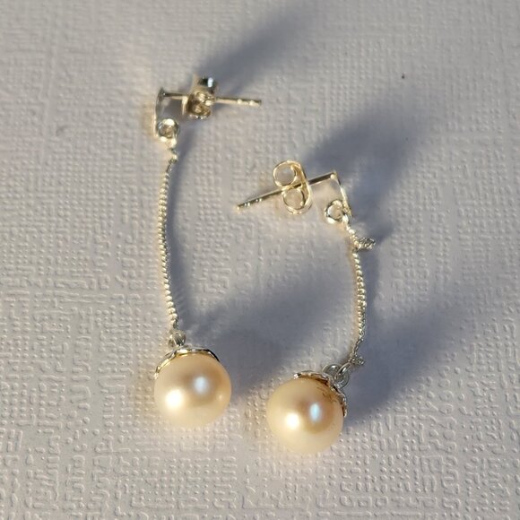 VTG 925 Honora/Tiffany's Style Dangle Drop Pearl Signed Ornate 2" Stud Earrings - Picture 13 of 15
